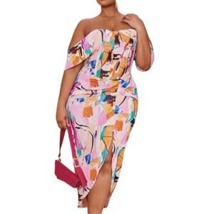 Painterly Brushstroke Bardot Ruched Midi Dress Multi Pink Side Slit Plus 24 NWT